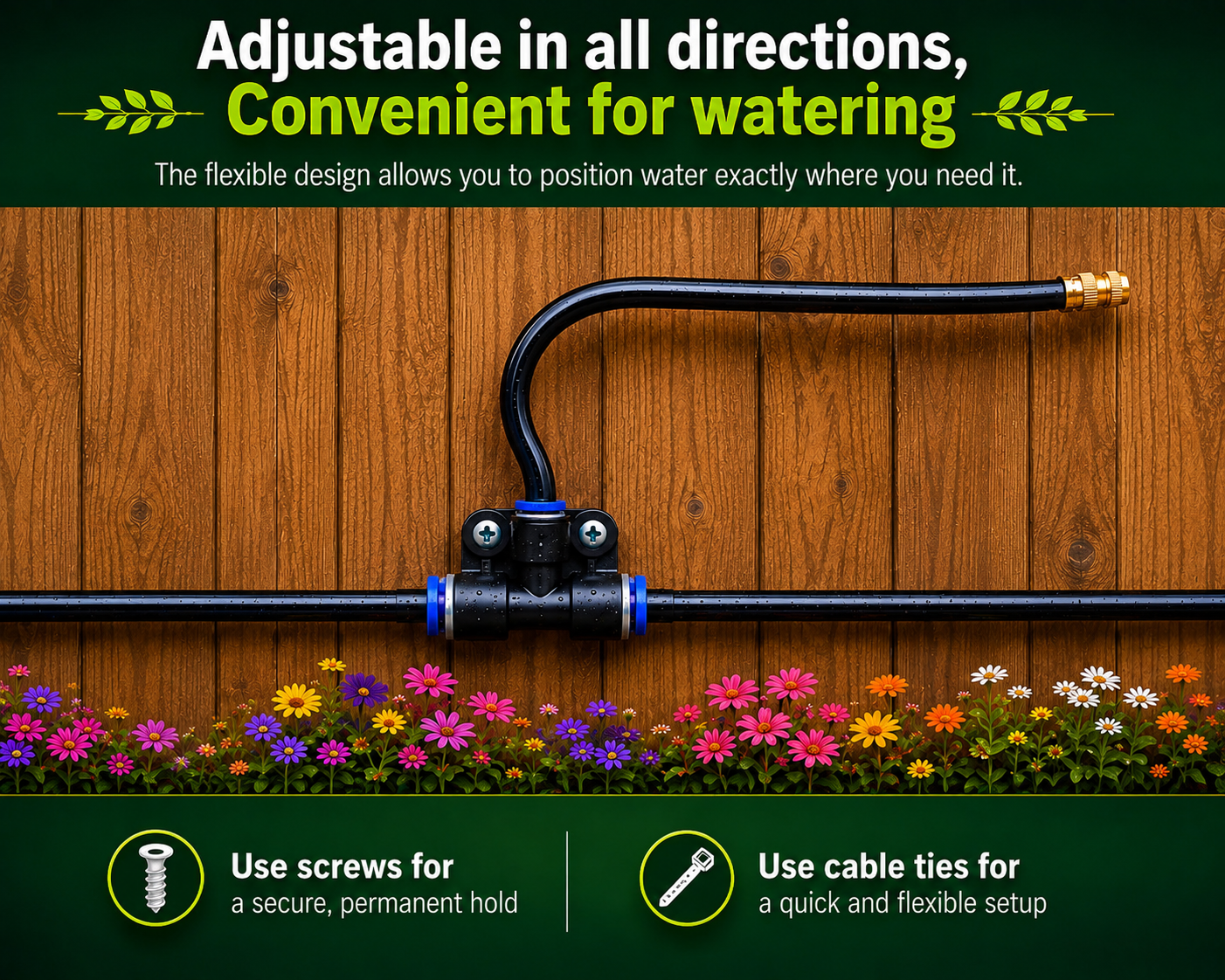Flexible garden hose with adjustable nozzle on a wooden fence background