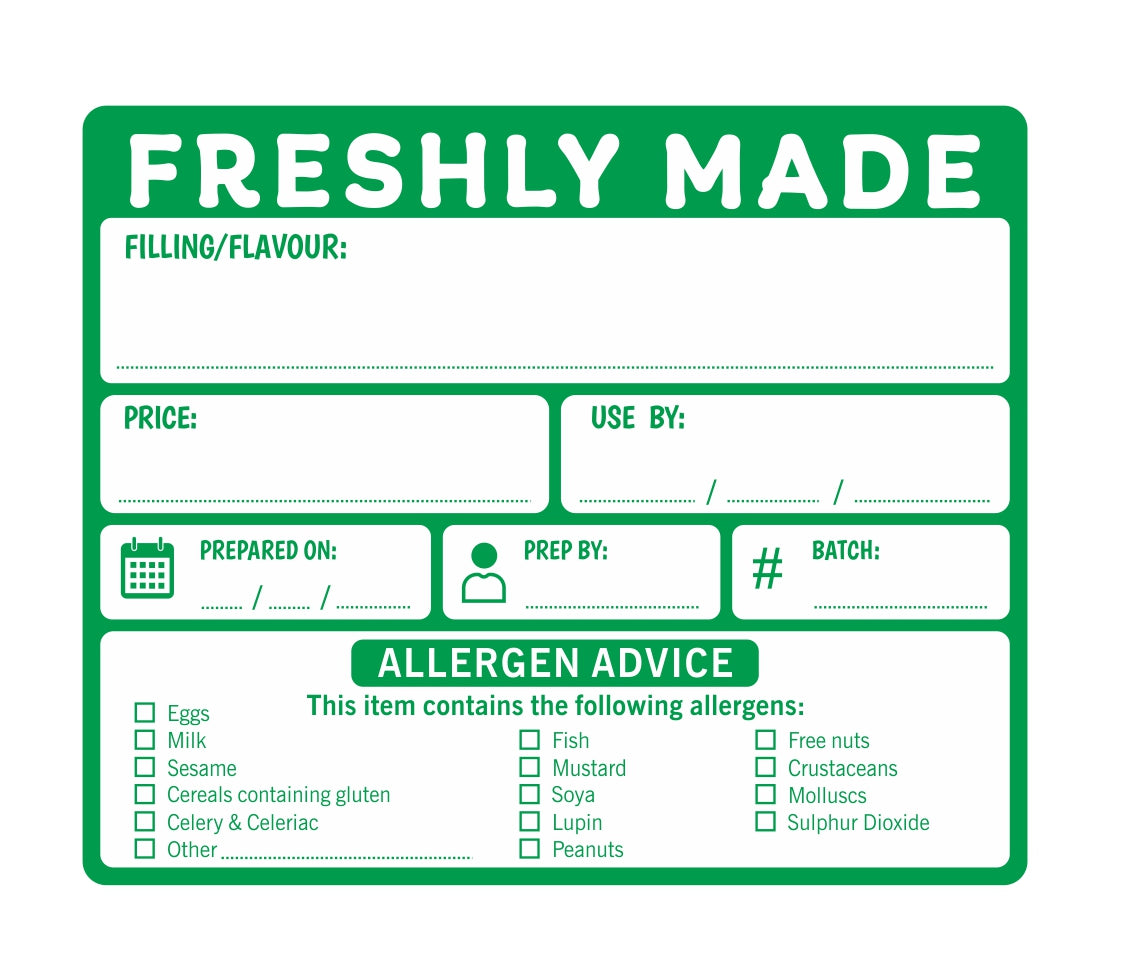 Freshly Made Food Label Stickers, 80mm x 66mm, Allergen Warning Labels