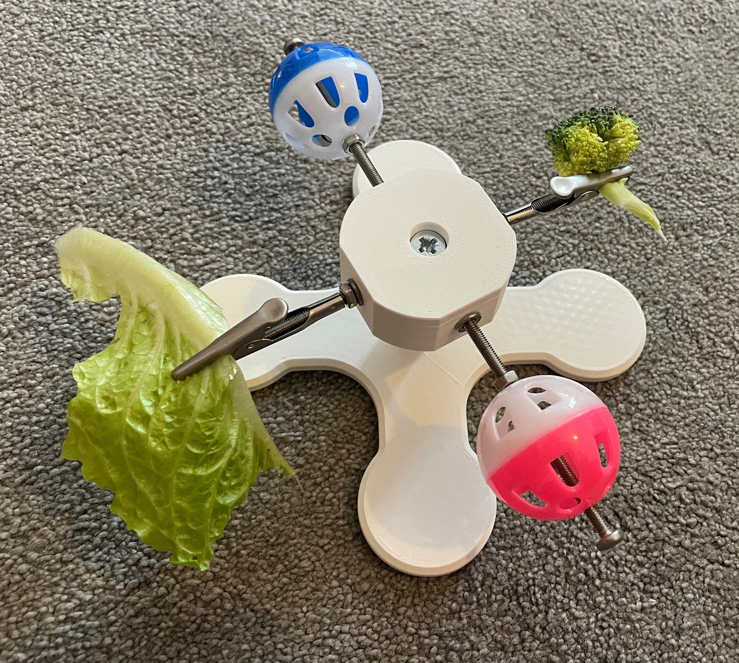 Rotating Bird Toy With Food Clips To Hold Treats.