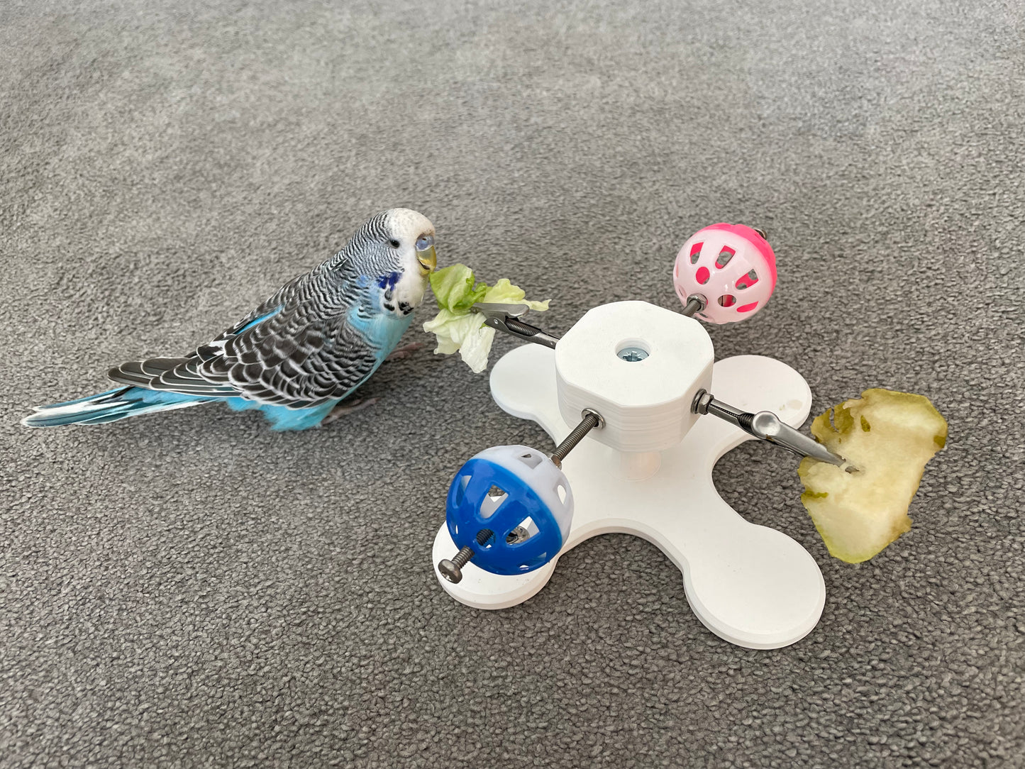 Rotating Bird Toy With Food Clips To Hold Treats.