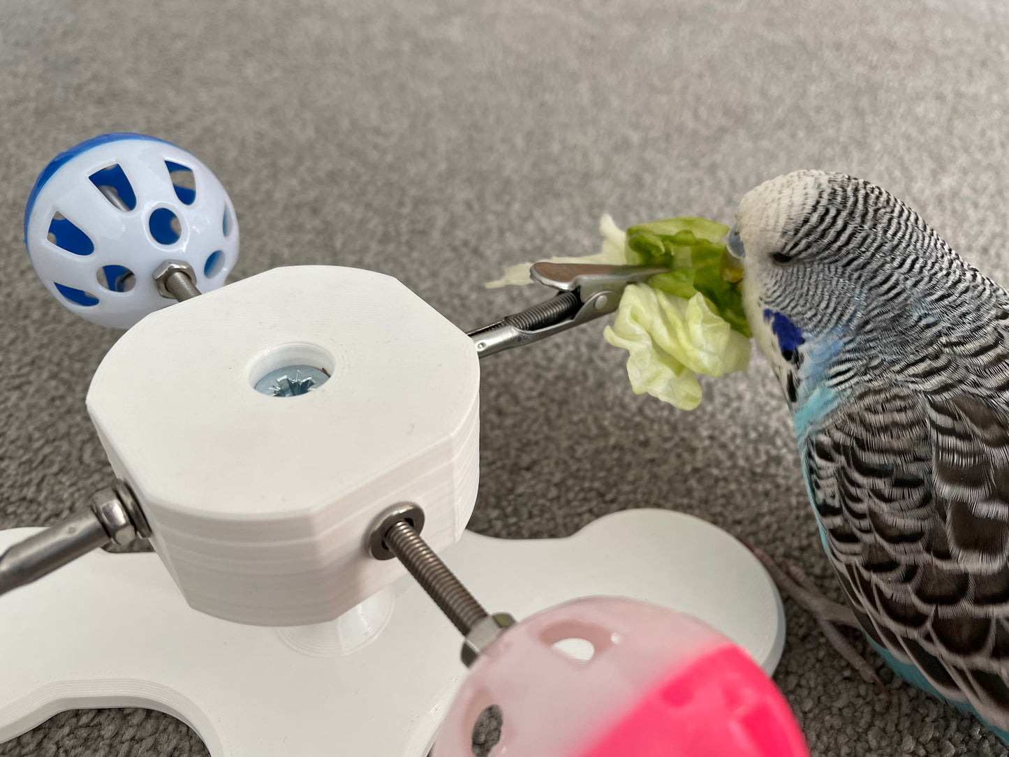Rotating Bird Toy With Food Clips To Hold Treats.