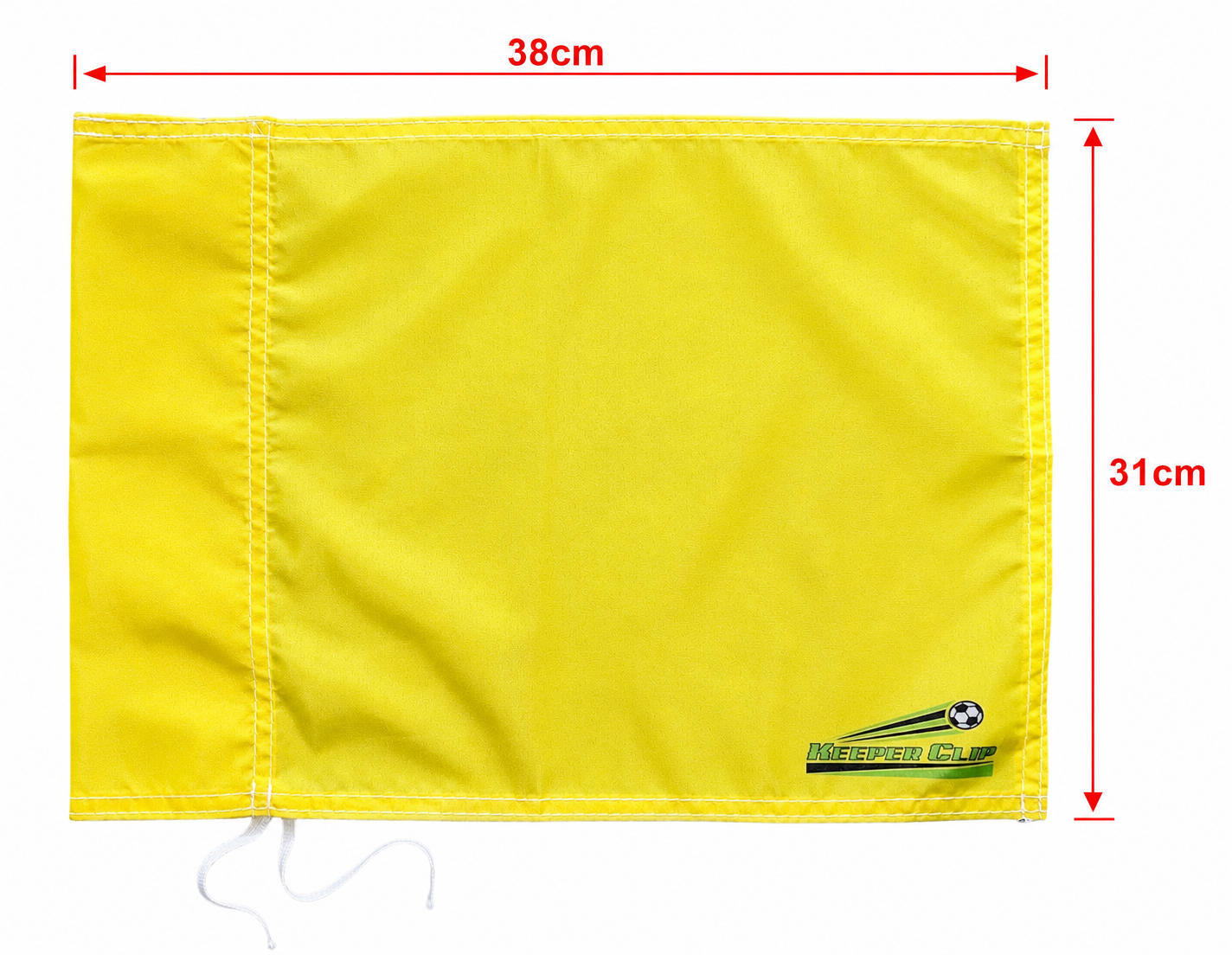 Yellow rectangular flag with red dimension lines showing 38cm width and 31cm height, plus a small green and white logo in the lower right corner.
