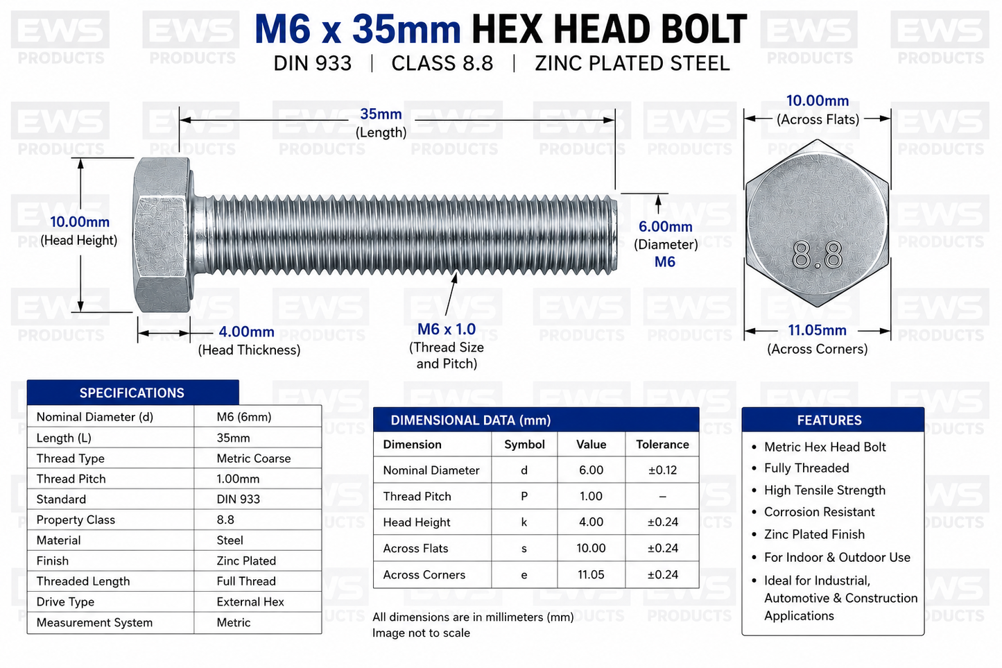 M6x35 Hex Head Bolts, Metric Hexagon Bolts, Zinc Plated Steel, Class 8.8, DIN933, 6mm x 35mm Full Threaded