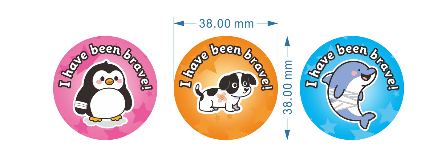 Bravery Stickers for Children, Round 38mm in Size, 3 Animal Designs
