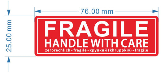 Fragile Handle with Care Parcel Warning Labels, Size 1" x 3" Inch 25mm x 76mm, 500 Per Roll