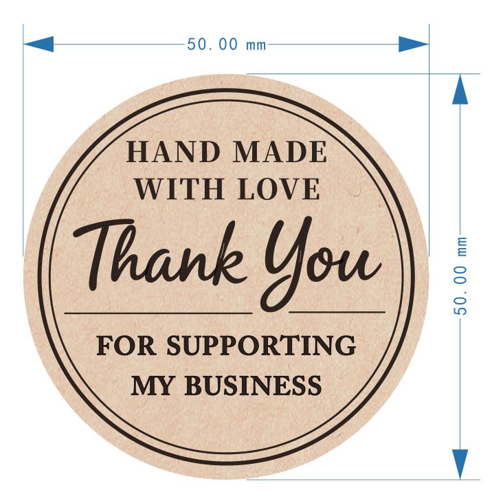 Round brown label with 'Hand Made with Love, Thank You for Supporting My Business' text and measurements.