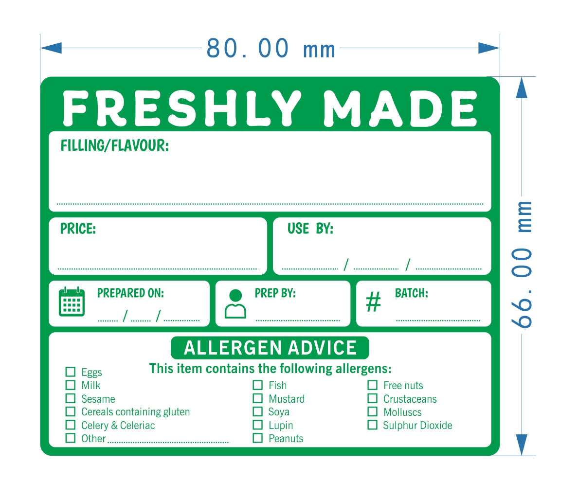 Green label with various fields for food product information and allergen advice, with dimensions indicated.