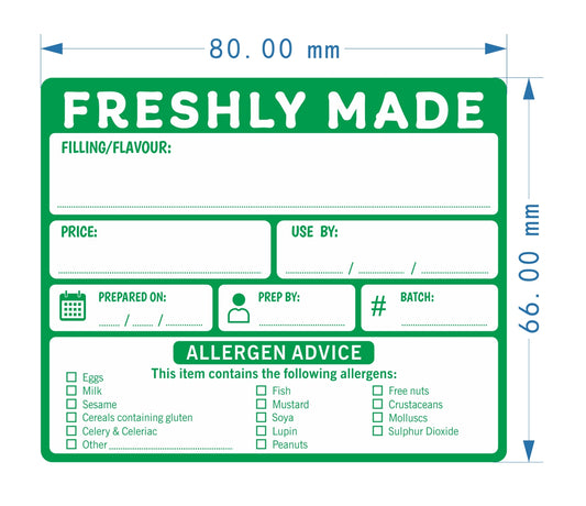 Green label with various fields for food product information and allergen advice, with dimensions indicated.