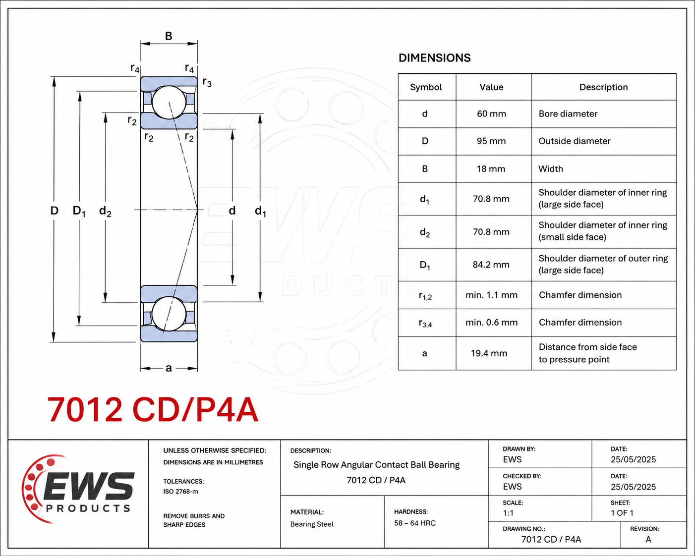 Technical dimension drawing and specification table for a 7012 CD/P4A single-row angular contact ball bearing, with labeled dimensions, a table of measurements, and an Ews Products footer block.