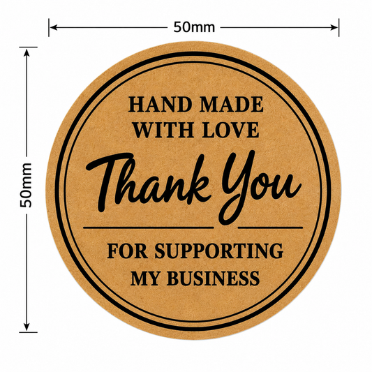 Handmade with Love Stickers, Size 50mm Round, Baking Stickers, Self-Adhesive Labels, Made from Kraft Paper, for Small Businesses.