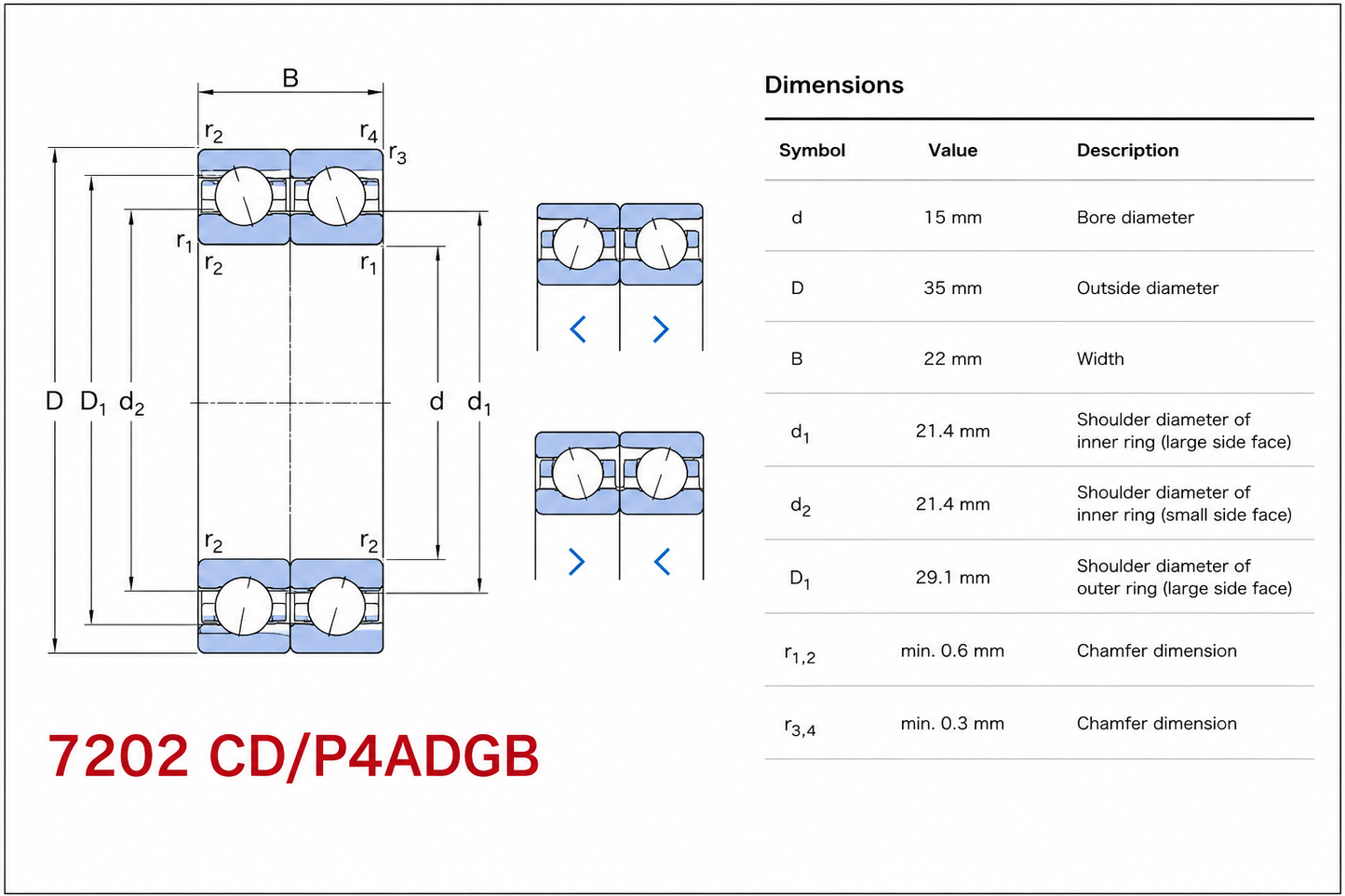 7202CD/P4ADGB Precision Angular Contact Ball Spindle Bearings 15 x 35 x 11 mm, Pack of 2
