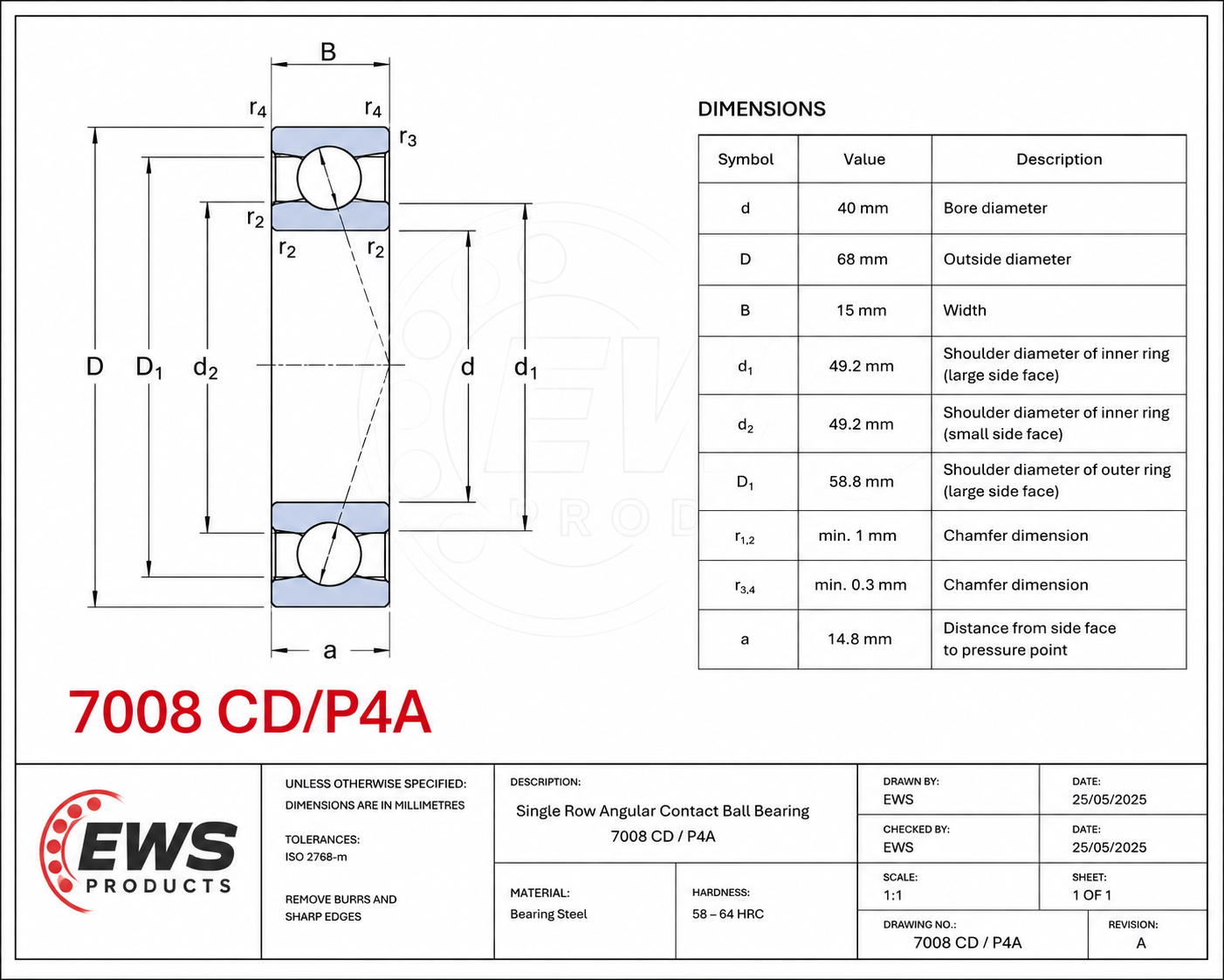 Technical dimension drawing and specification sheet for a 7008 CD/P4A angular contact ball bearing, showing labeled cross-section dimensions, a dimensions table, and a footer with the Ews Products logo and project details.