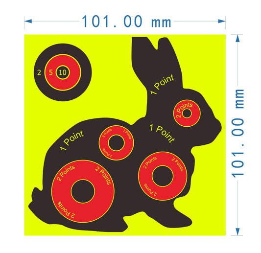 Rabbit Splatter Shooting Target Stickers, Size 4 inch x 4 inch, 100mm x 100mm, Reactive Self Adhesive Splash Targets, Fluorescent Yellow, Black & Red