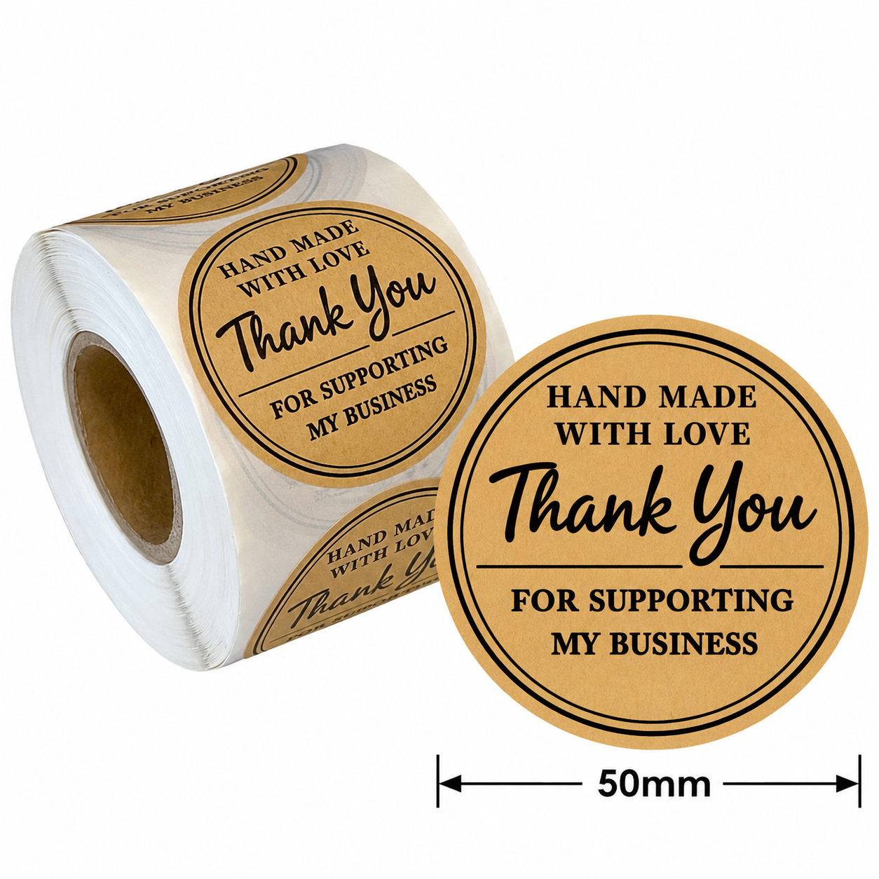 Handmade with Love Stickers, Size 50mm Round, Baking Stickers, Self-Adhesive Labels, Made from Kraft Paper, for Small Businesses.