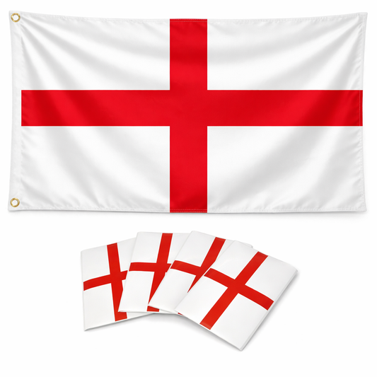 St George England Flag And Sticker Set, English Cross of St George Flag, 3ft x 2ft (90cm x 60cm), Double-Sided with Brass Eyelets, Plus 4 × 180mm x 120mm Self-Adhesive Vinyl Stickers