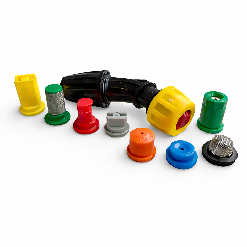 9 PCS Elbow Fitting Nozzle Set for Knapsack Sprayer, 110° Flat Fan, Hollow Cone, Atomizing Cone, Full Cone, Deflector, Air Induction, Cup & Top Hat Filters