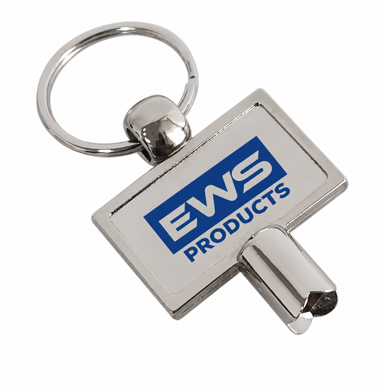 A polished silver metal radiator bleed key featuring a rectangular tag for custom branding for company's 