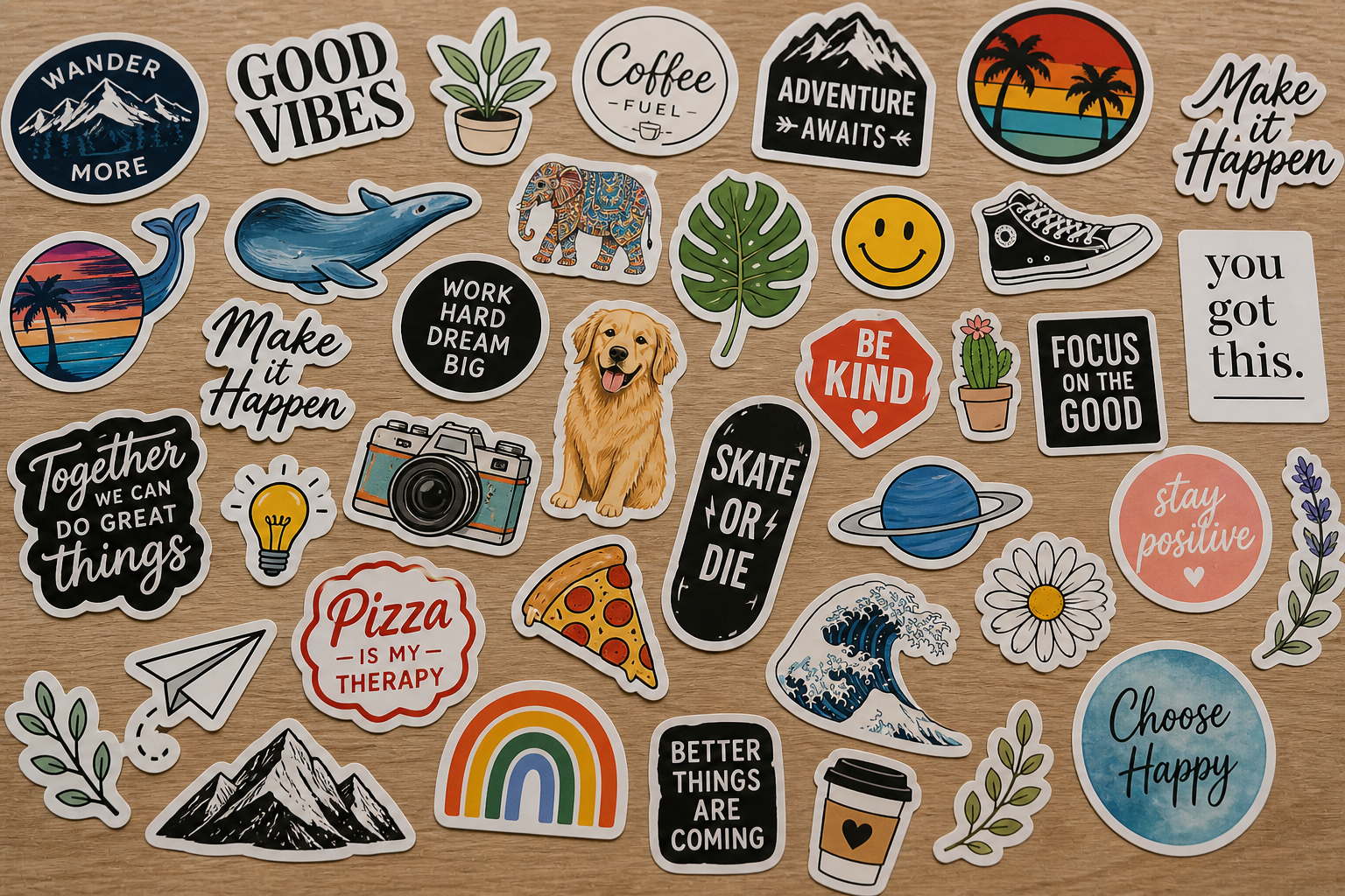 Collection of various motivational and decorative stickers on a wooden surface
