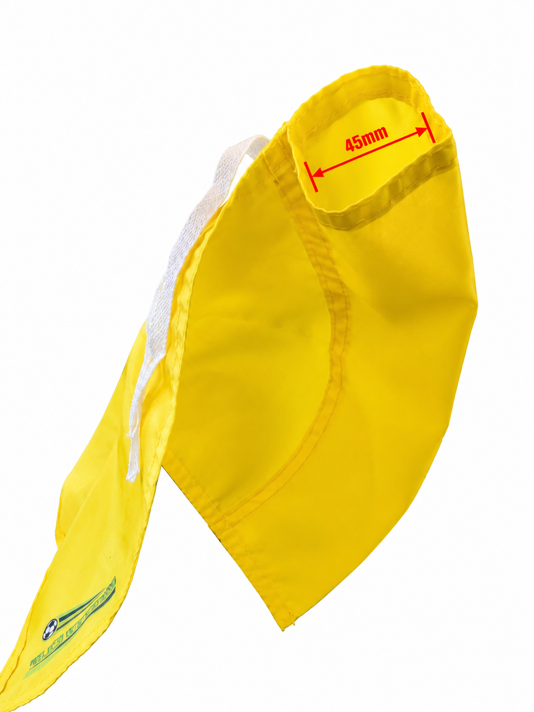 A bright yellow swim cap with a red dimension overlay indicating '45mm' on the inner band, shown against a plain white background.