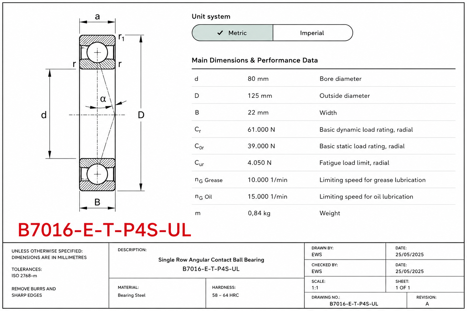 Technical specification sheet and dimensional diagram for a B7016-E-T-P4S-UL single row angular contact ball bearing, showing measurements, performance data, and technical details.