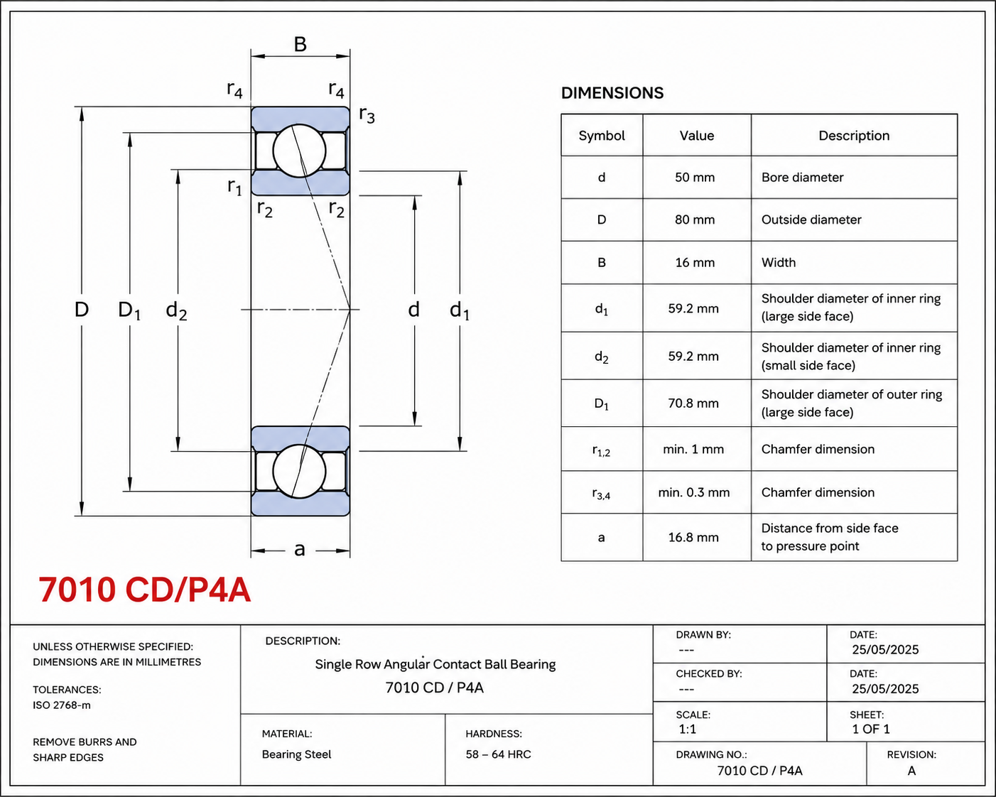 Technical dimension drawing and specification sheet for a 7010 CD / P4A single row angular contact ball bearing, showing a labeled bearing cross-section with dimension symbols and a dimension table on a white background.