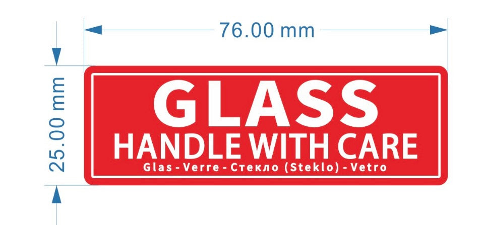 Glass Handle With Care Parcel Warning Labels, Size 1" x 3" Inch 25mm x 76mm, 500 Per Roll