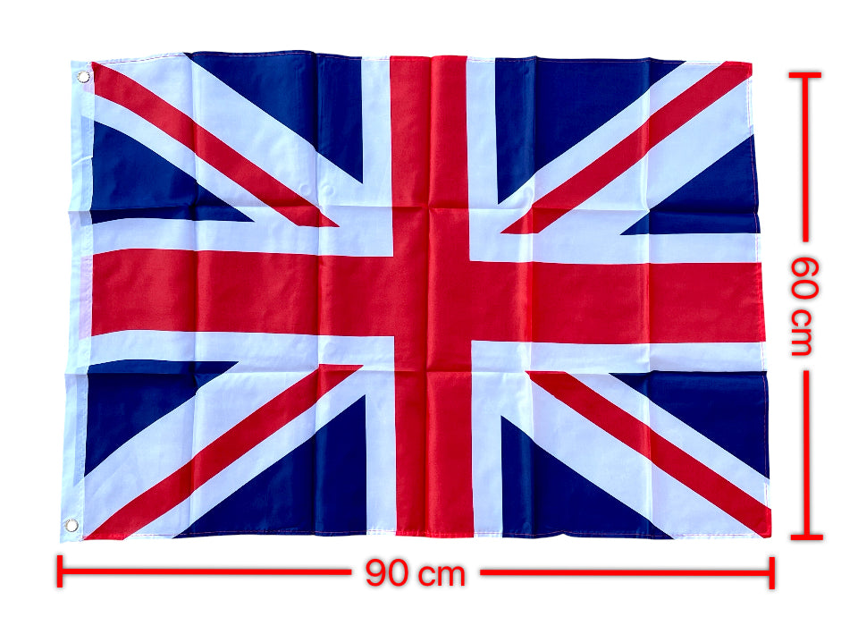 Union Jack flag with dimensions on a white background