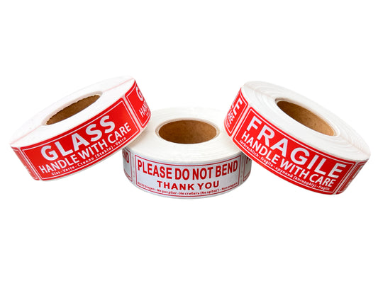 1,500 Parcel Warning Labels, Each Size 1" x 3" Inch 25mm x 76mm, 500 of Each Style On Roll, Fragile Handle with Care, Please Do Not Bend and Glass Handle with Care