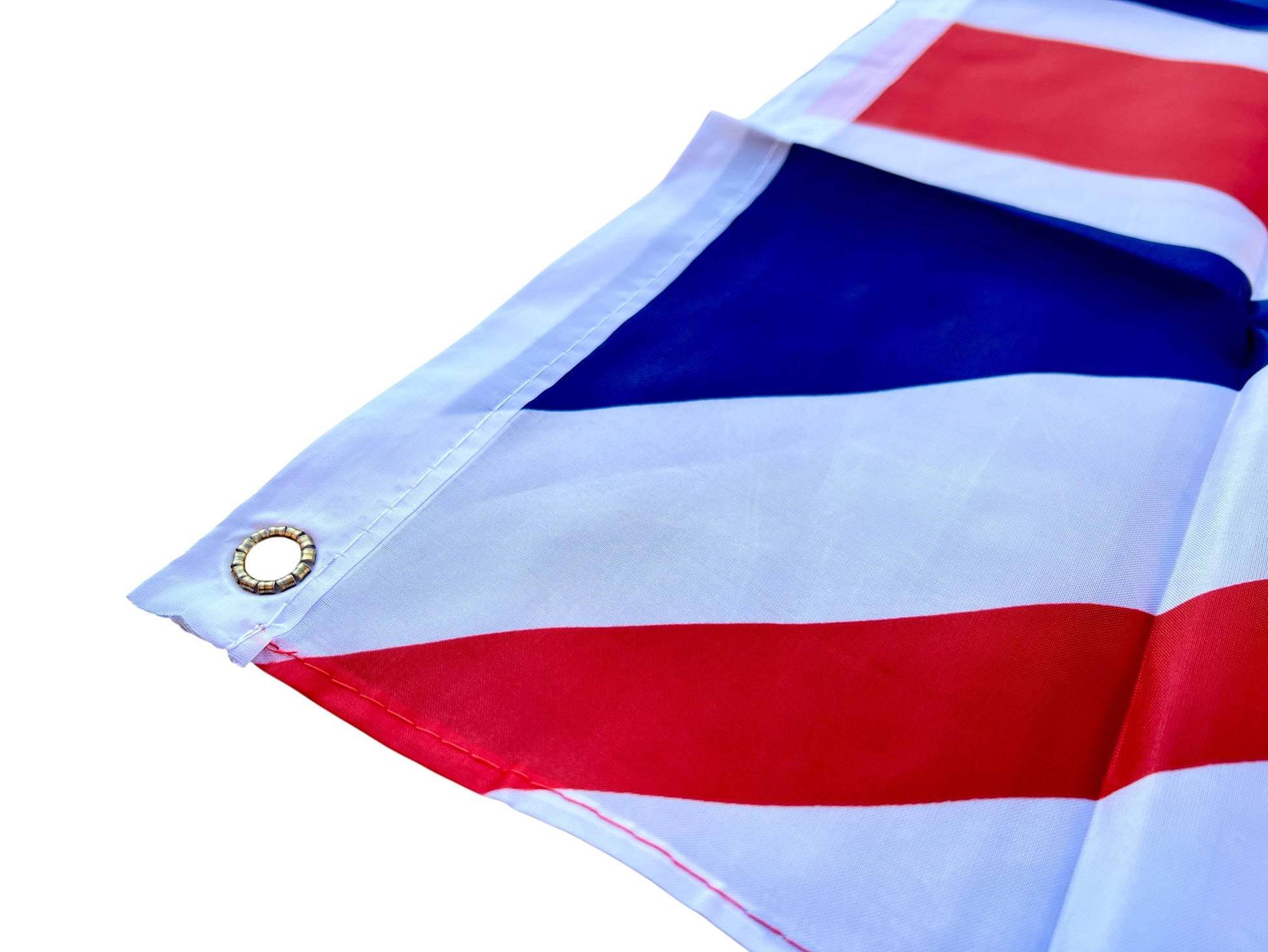 Close-up of a flag with blue, white, and red stripes on a white background