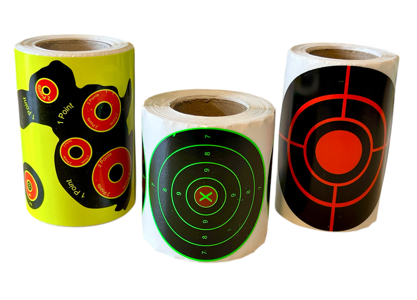 Three rolls of target stickers with different designs on a white background