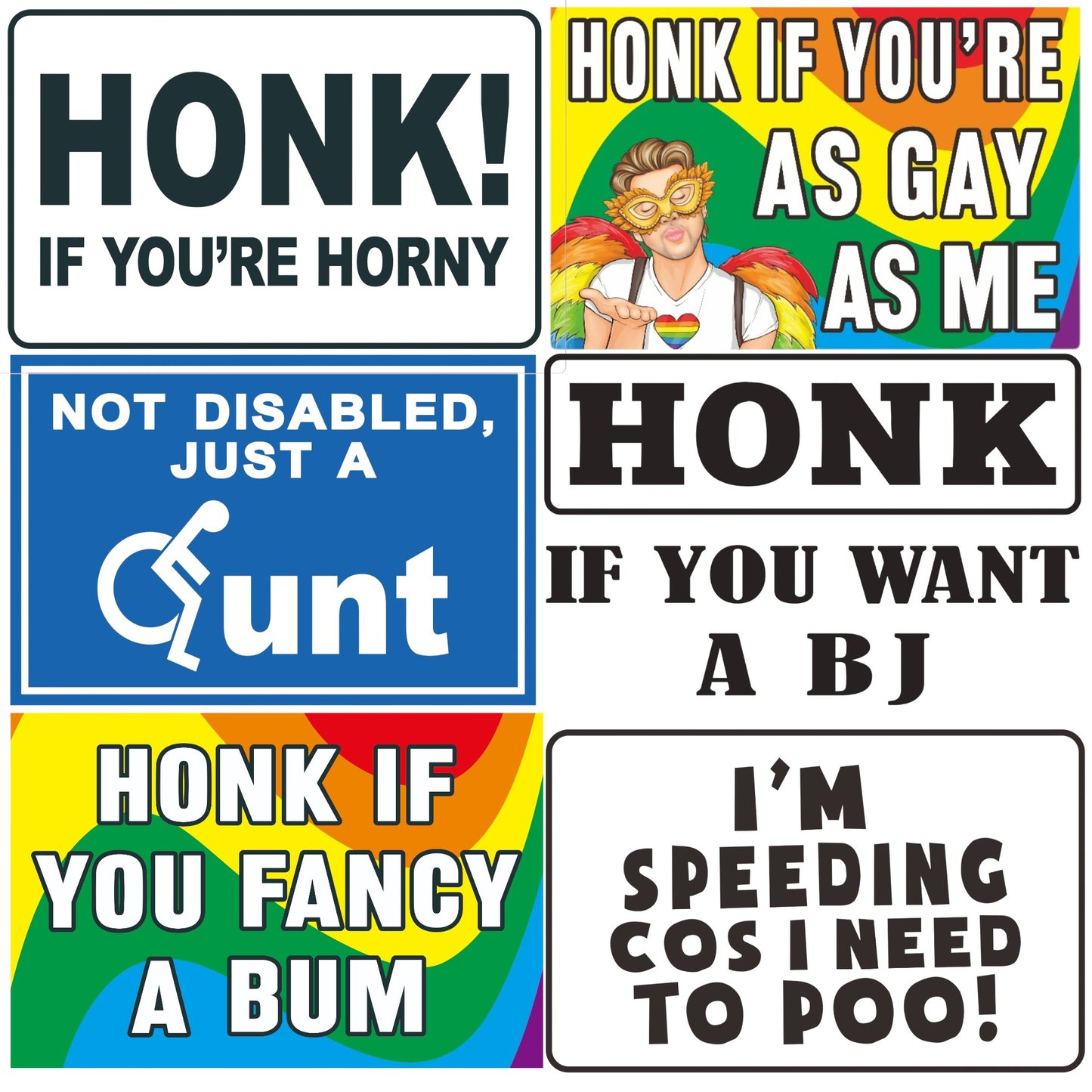 6 Funny Bumper Stickers, Honk Bumper Vinyl Decals, Assorted Design's for Pranking People's Car's, Great Gift for Pranksters, Adult Humour Jokes