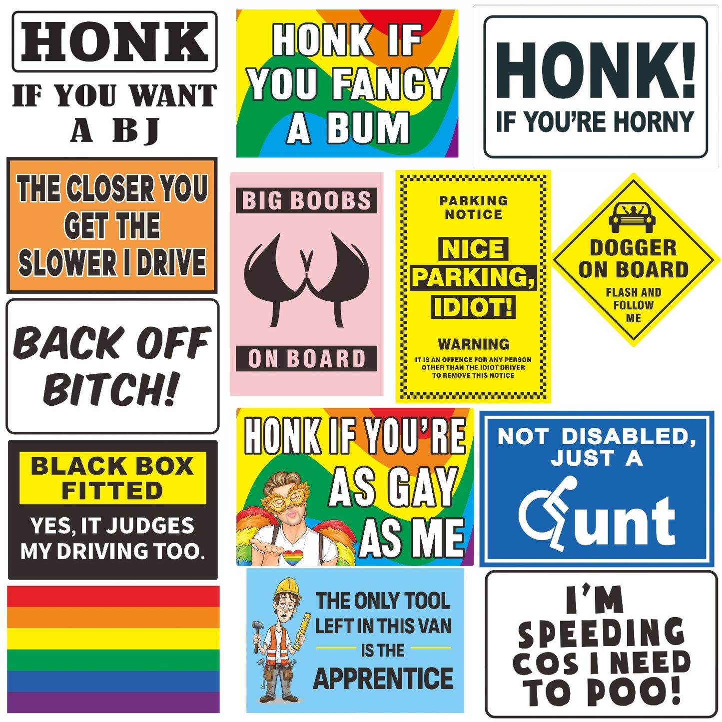 14 Funny Bumper Stickers, Adult Humour Pranks Stickers, Honk Bumper Vinyl Decals, Assorted Design's, Great Gift for Pranksters
