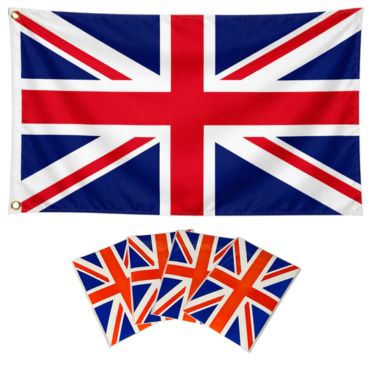 Union Jack British National Flag And Sticker Set, 3ft x 2ft (90cm x 60cm), Double-Sided with Brass Eyelets, Plus 4 × 180mm x 120mm Self-Adhesive Vinyl Stickers